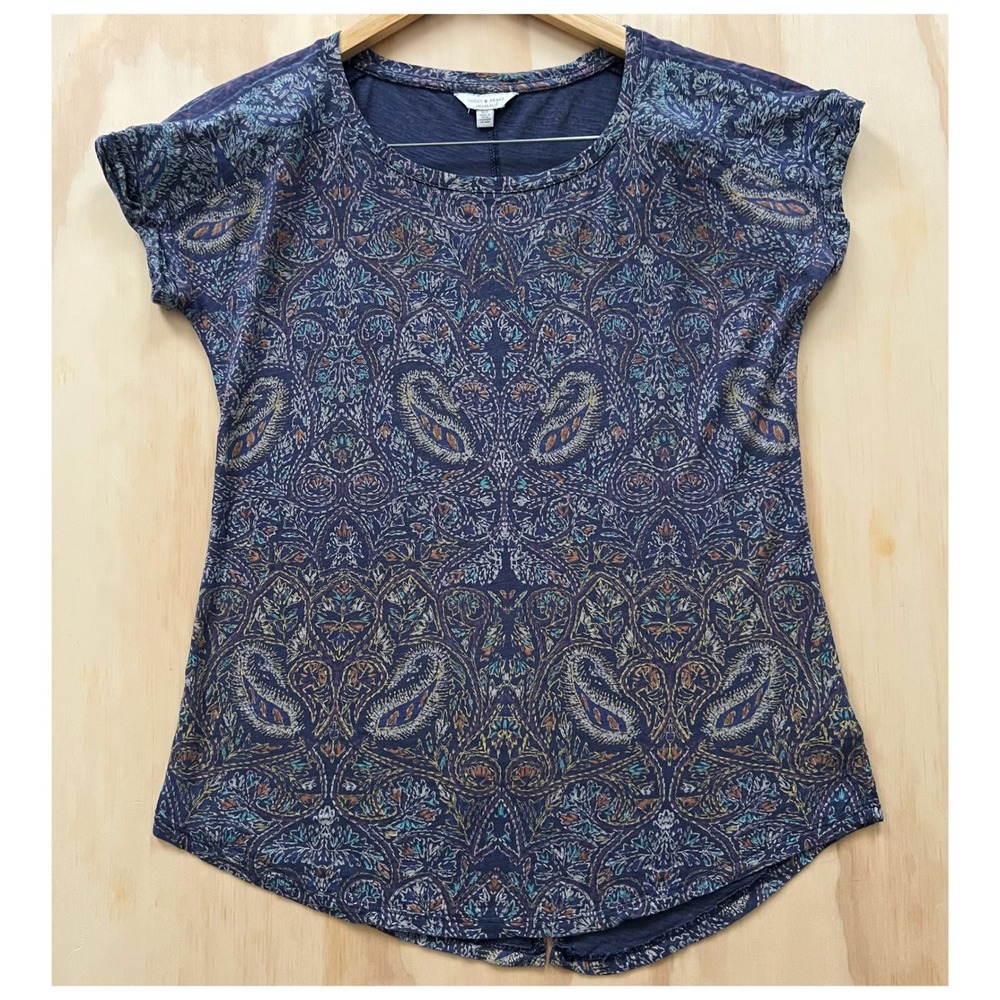 Lucky Brand Blue Paisley Top Women's S | Split Back Short Sleeve Blouse